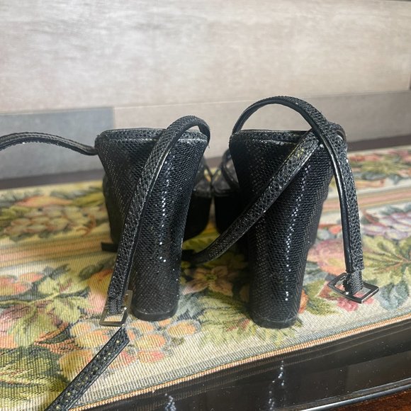Bakers Sparkle Black Platform Wedges Ankle Straps Open Toe Shoes Size 6.5B - Picture 6 of 9